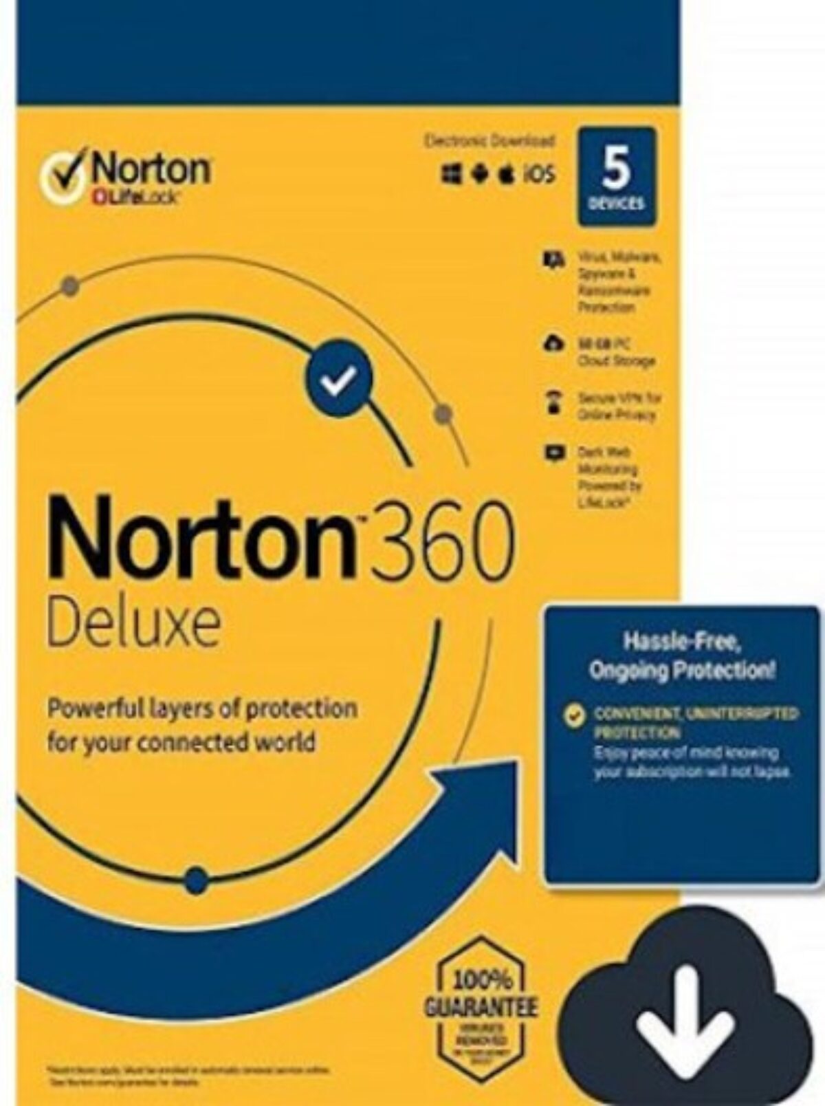 Norton 360 Deluxe antivirus software packaging.